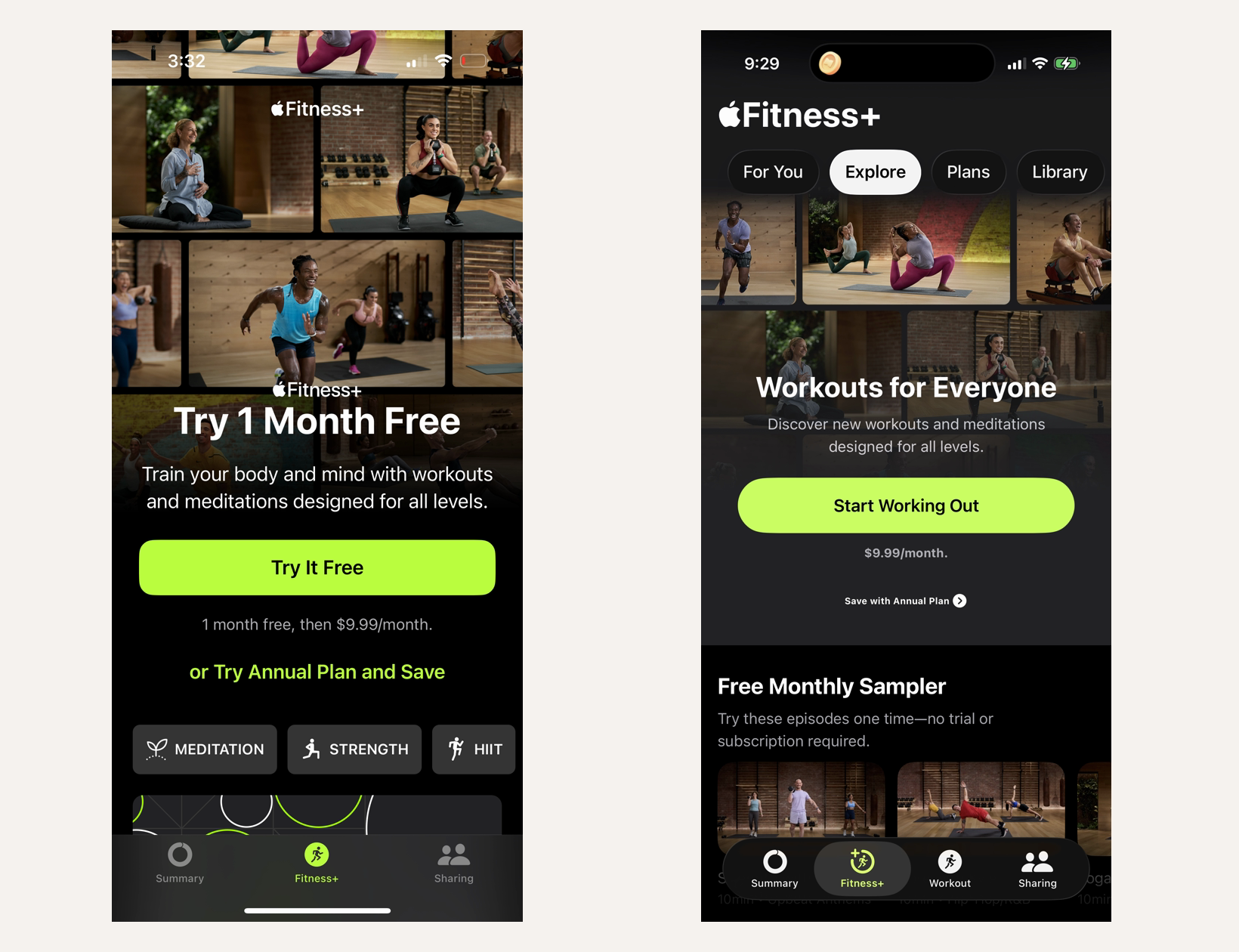 Side-by-side Apple Fitness Plus paywall comparison with trial-first copy on the left and Start Working Out goal copy on the right.