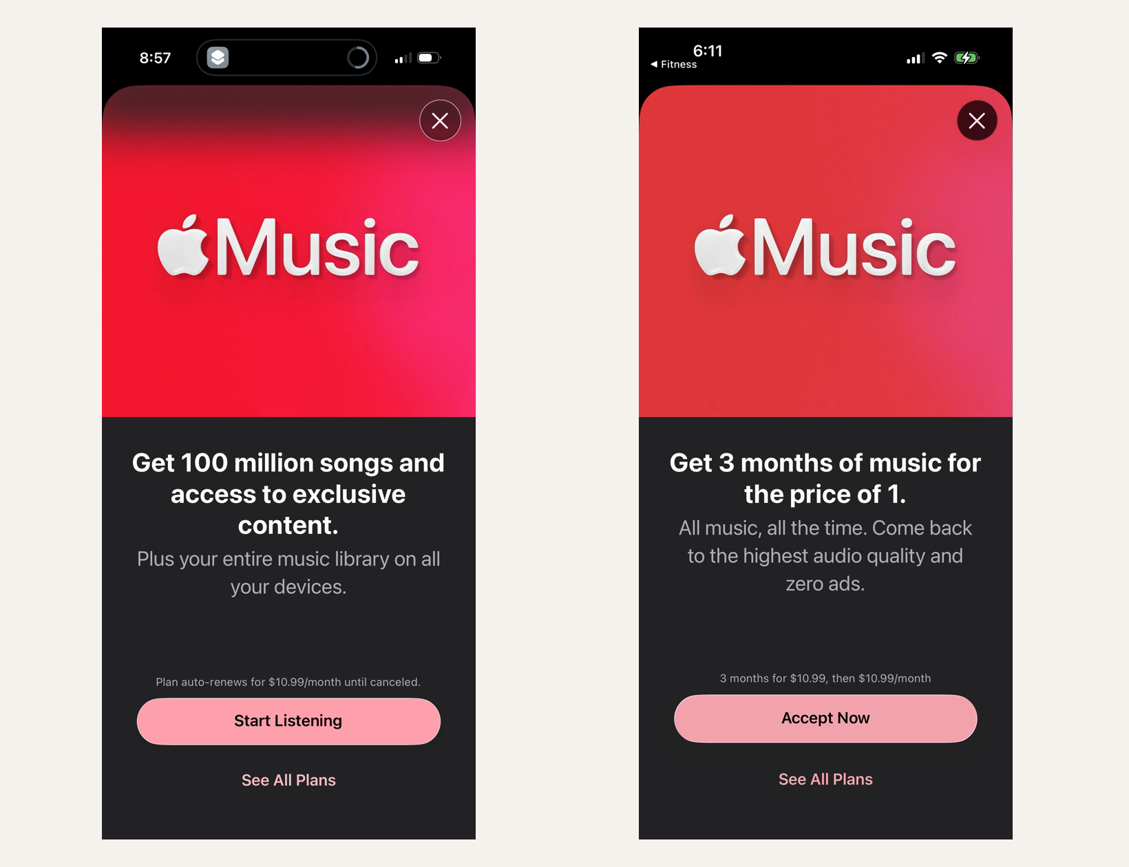 Side-by-side Apple Music subscription modal comparison with broad catalogue messaging on the left and a discounted intro offer on the right.