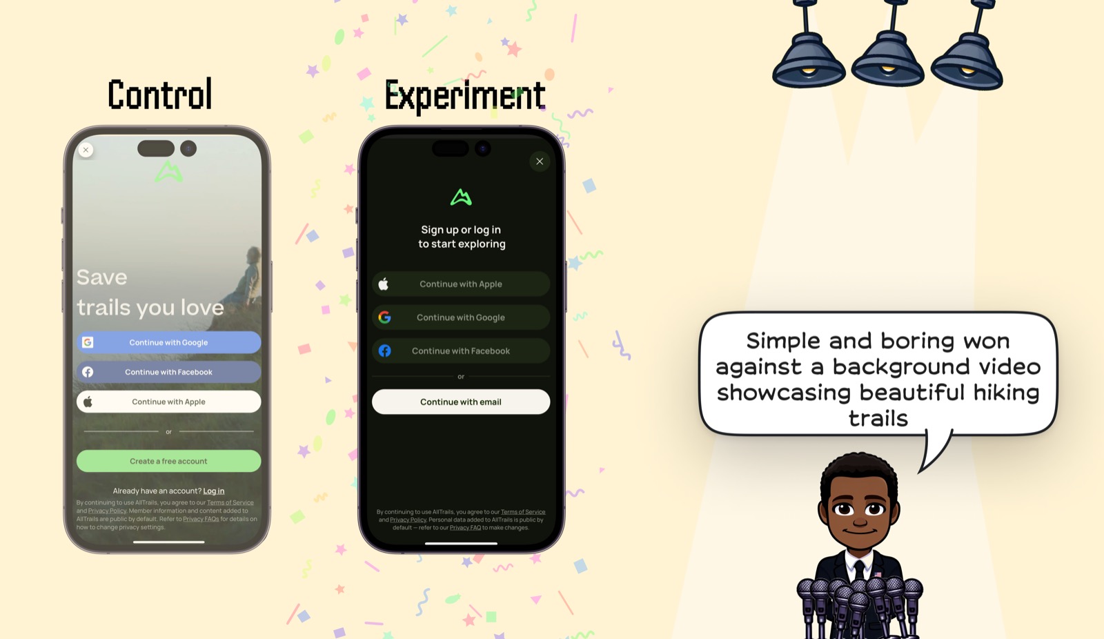 AllTrails signup screen experiment comparing a hiking video control against a plain experiment.