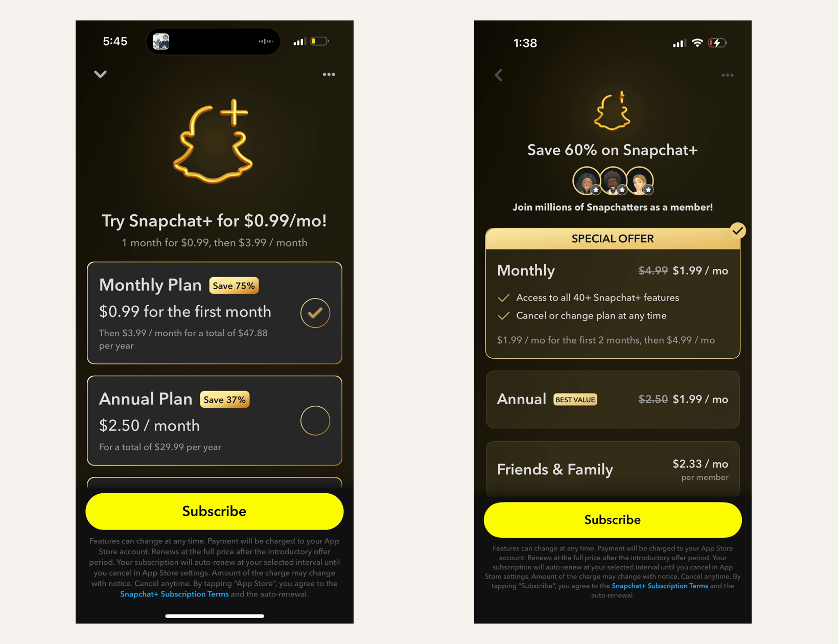 Side-by-side Snapchat Plus paywall comparison with the original price-focused screen on the left and the discount-offer experiment on the right.
