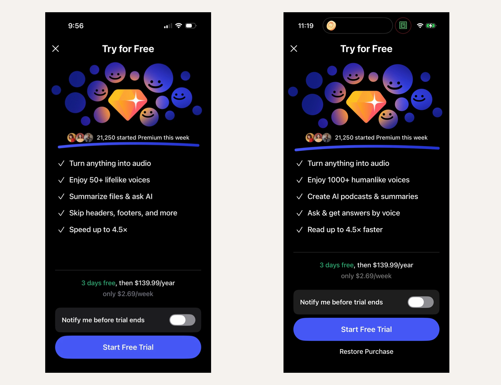 Side-by-side Speechify paywall comparison with the control on the left and an advanced AI voices plus social proof experiment on the right.