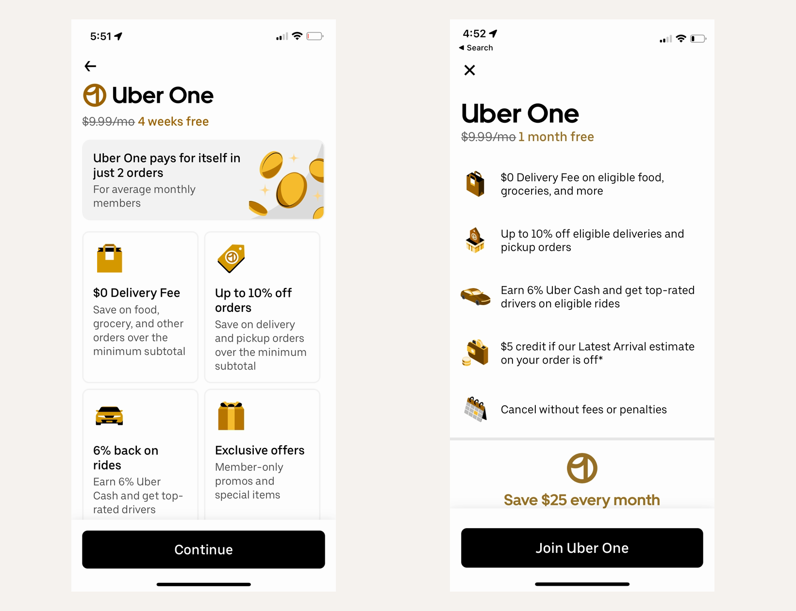 Side-by-side Uber Eats paywall comparison with the control grid on the left and the experiment benefit list on the right.